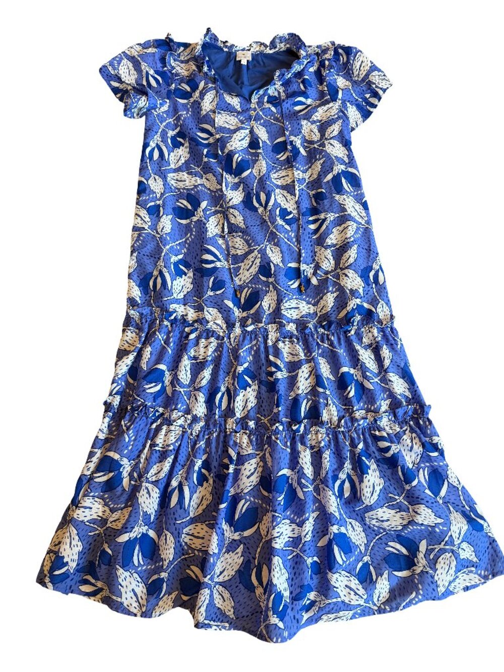 J. Marie Blue Tropical Leaf Print Midi Dress Tiered Flowy Relaxed Fit Size XS